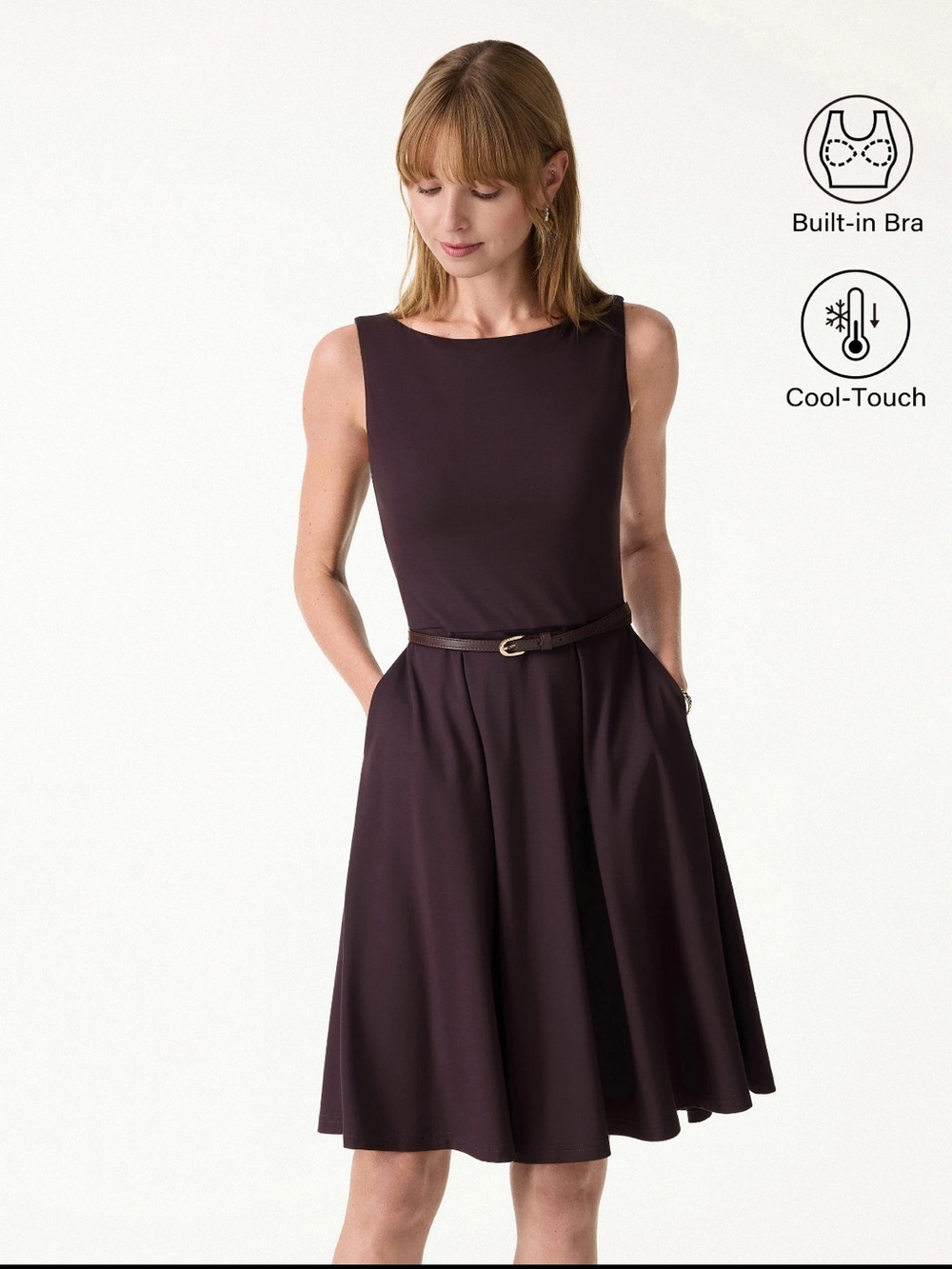OGL Stretchy Boatneck Fit-and-Flare Mini Bra Dress with Pockets
